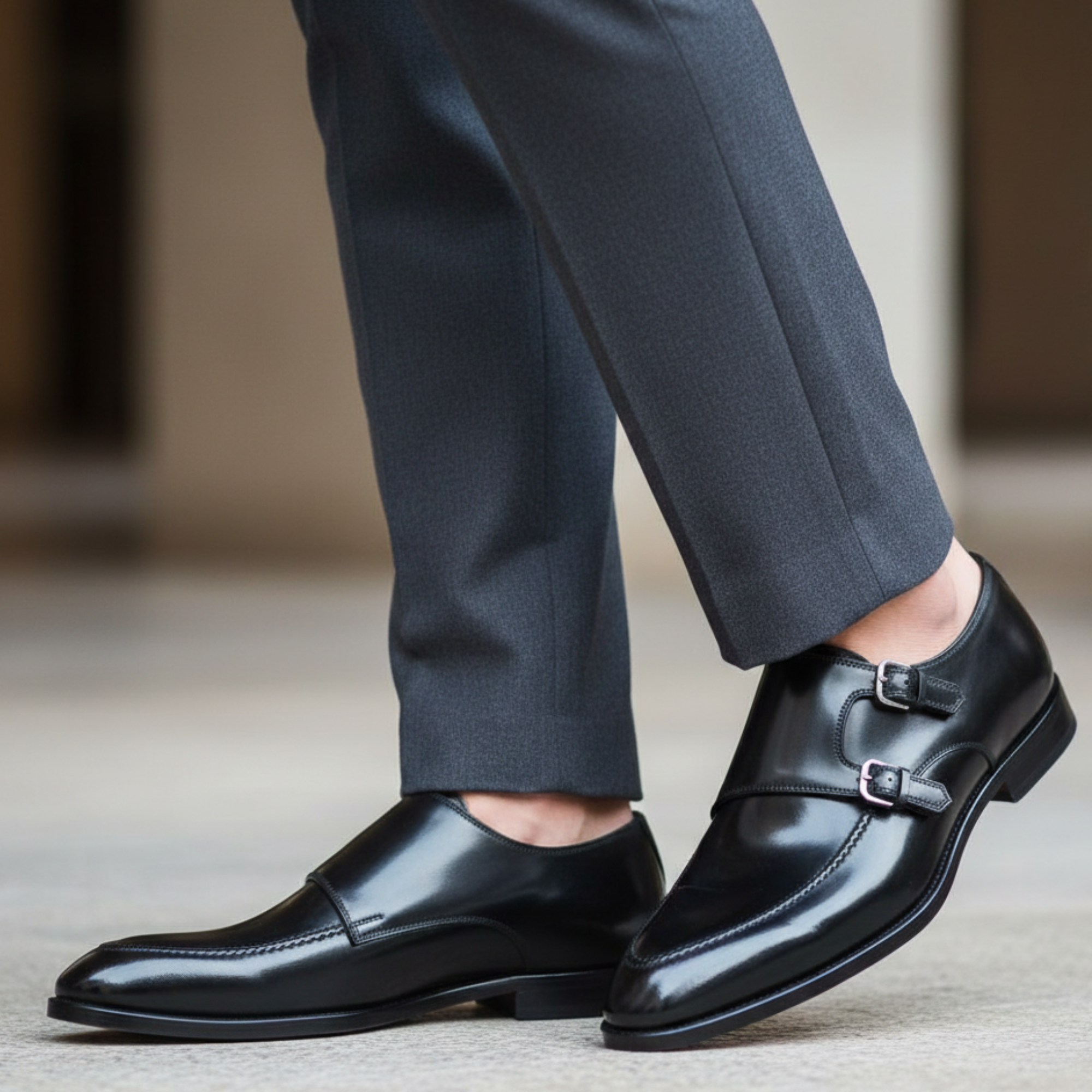 Men's Genuine Black Leather Double Monk Shoes