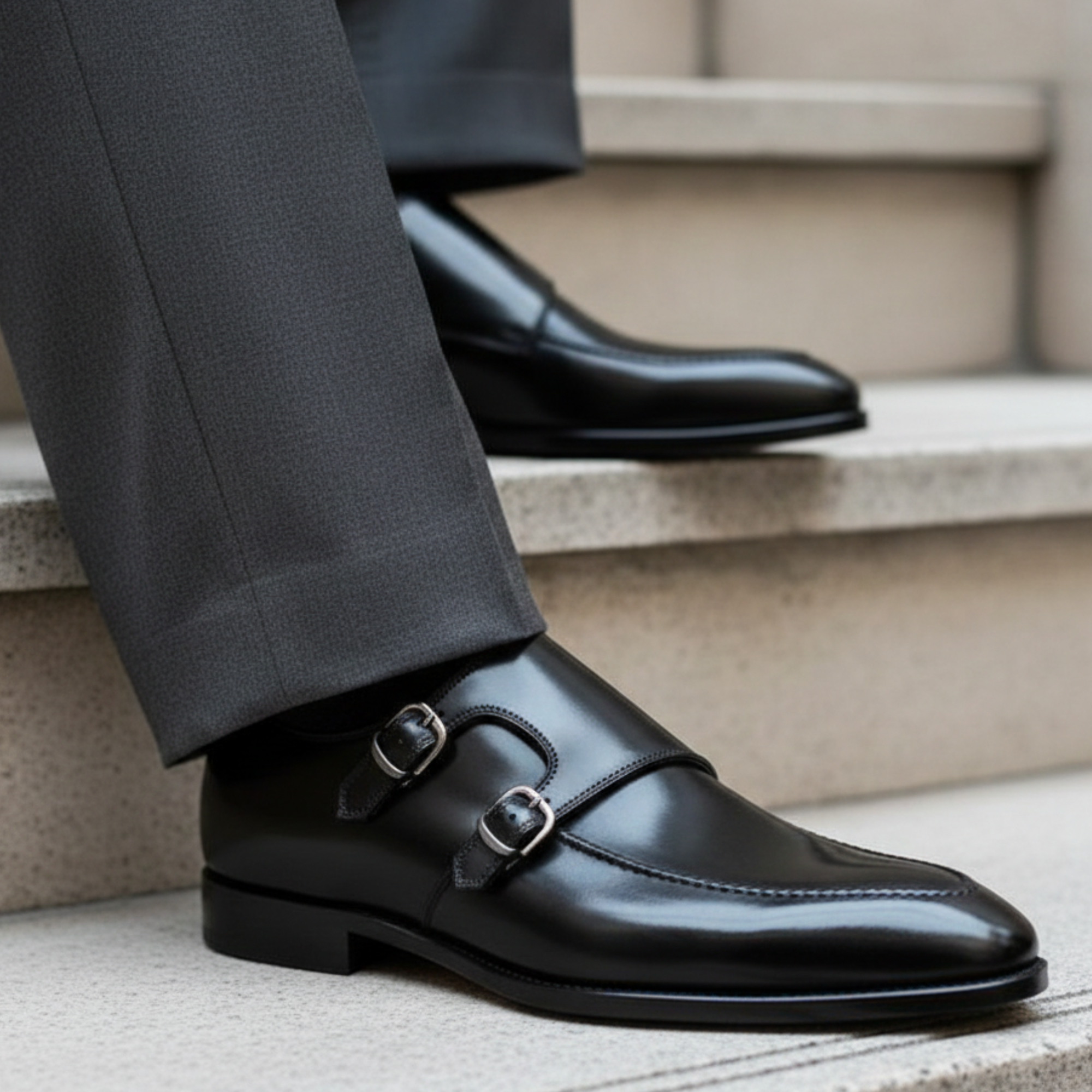 Men's Genuine Black Leather Double Monk Shoes