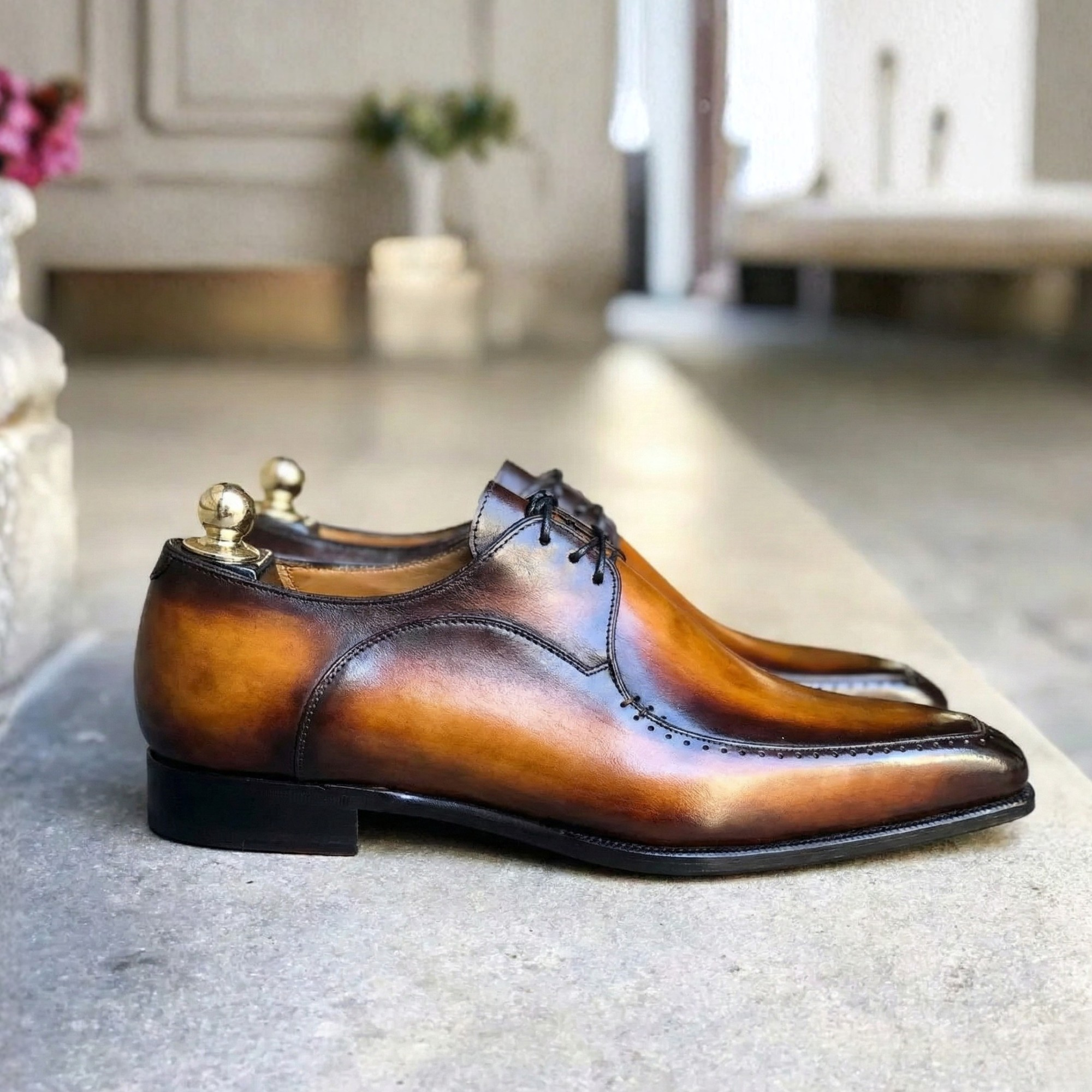 Men's Tan Brown Patina Leather Derby Shoes