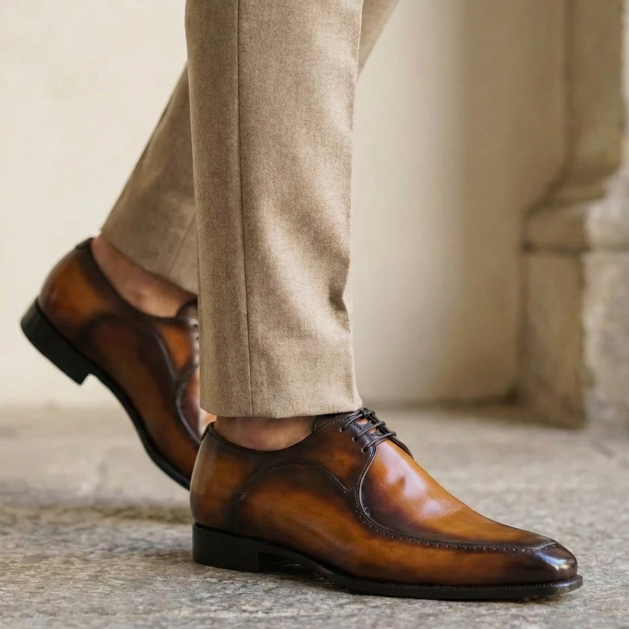 Men's Tan Brown Patina Leather Derby Shoes