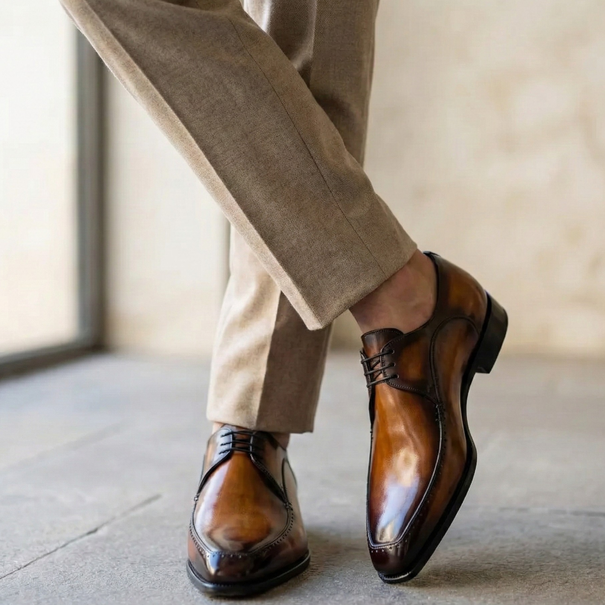 Men's Tan Brown Patina Leather Derby Shoes