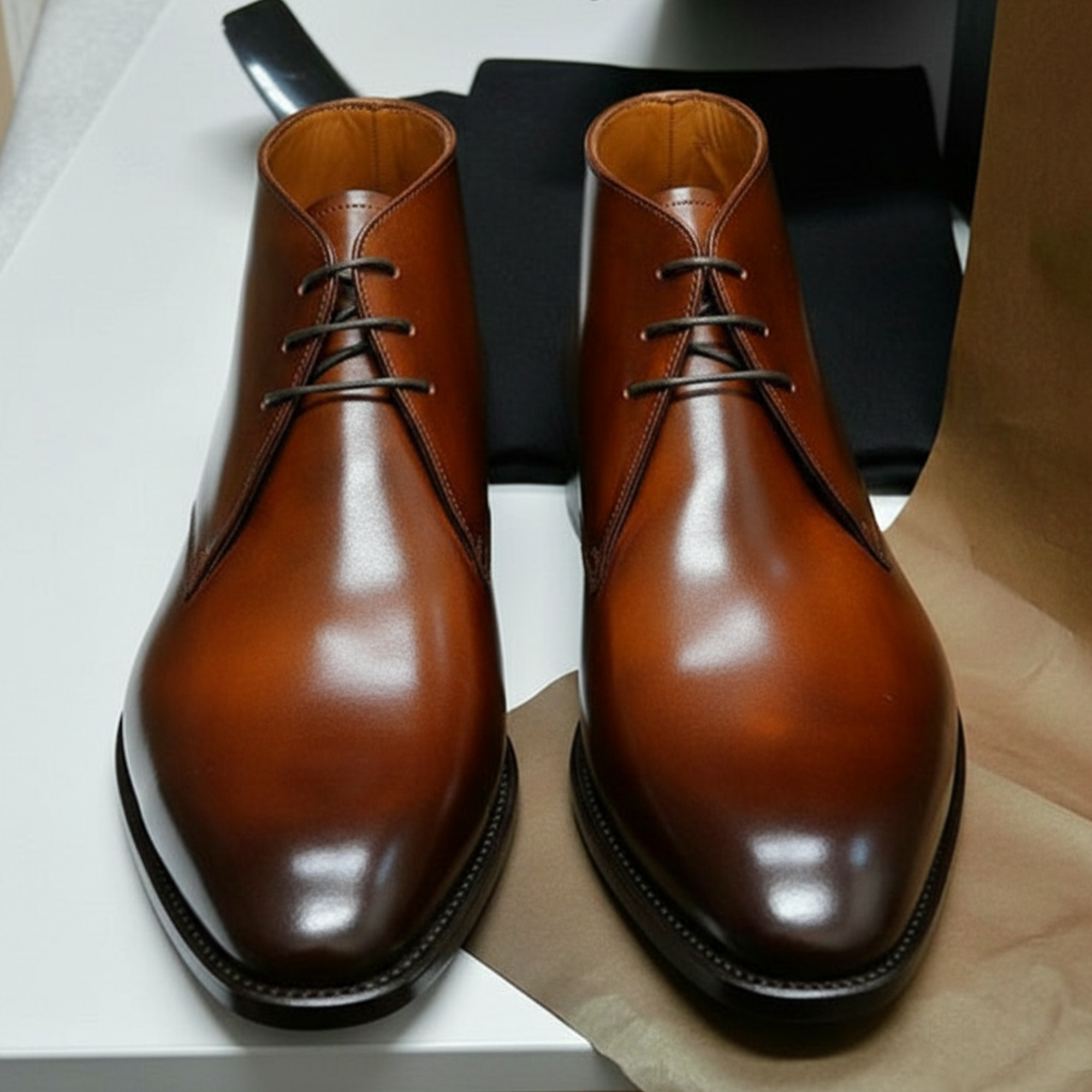 Handmade Men's Brown Leather Ankle High Chukka Boots