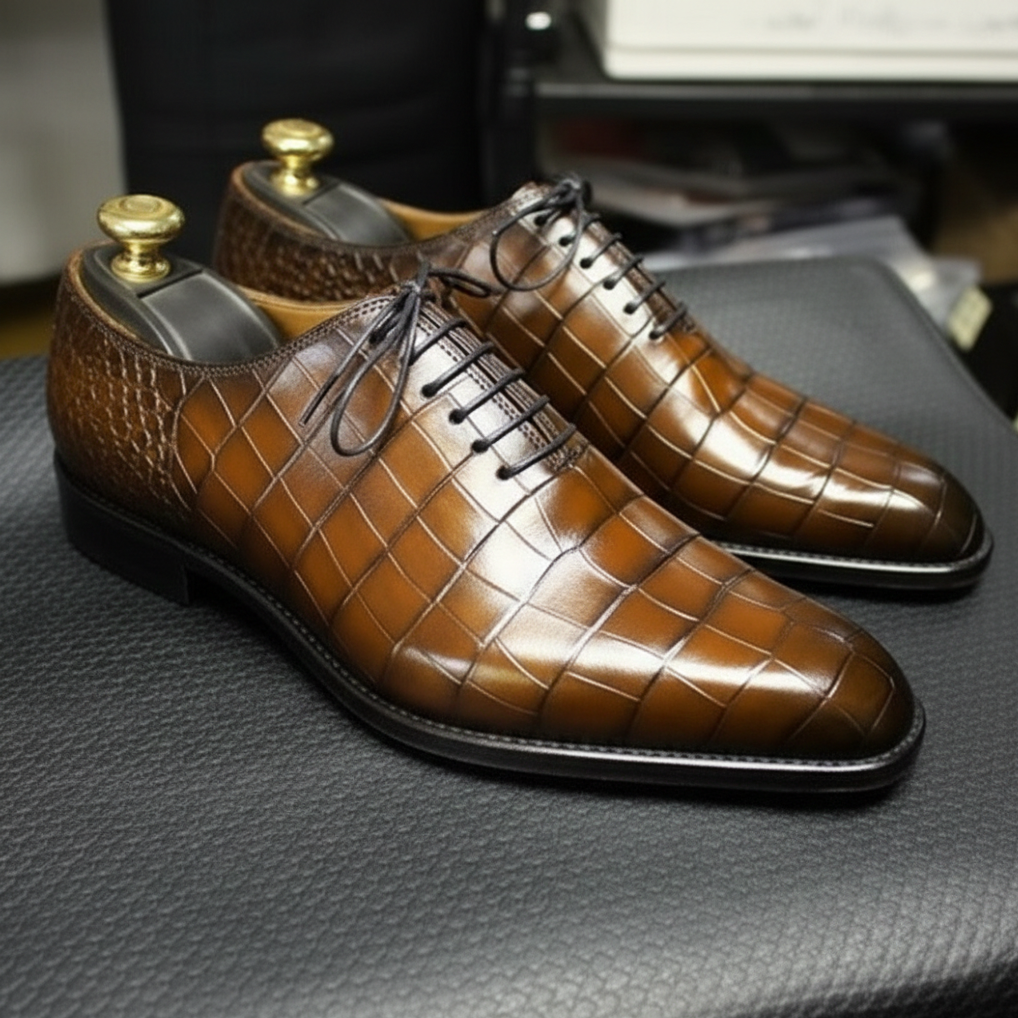 Men's Brown Alligator Leather Formal Lace Up Shoes