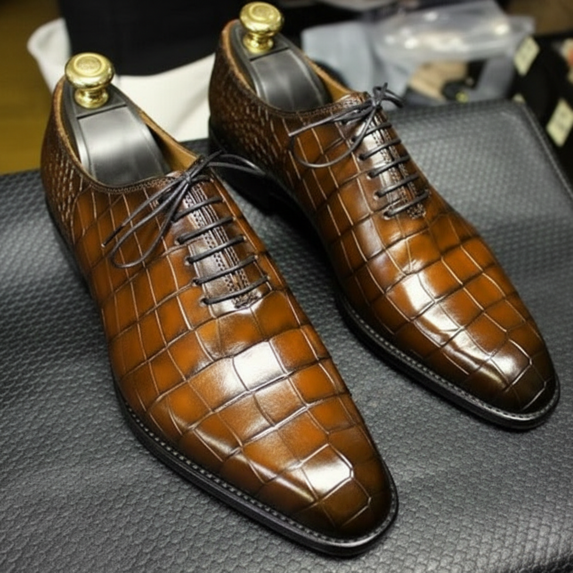 Men's Brown Alligator Leather Formal Lace Up Shoes