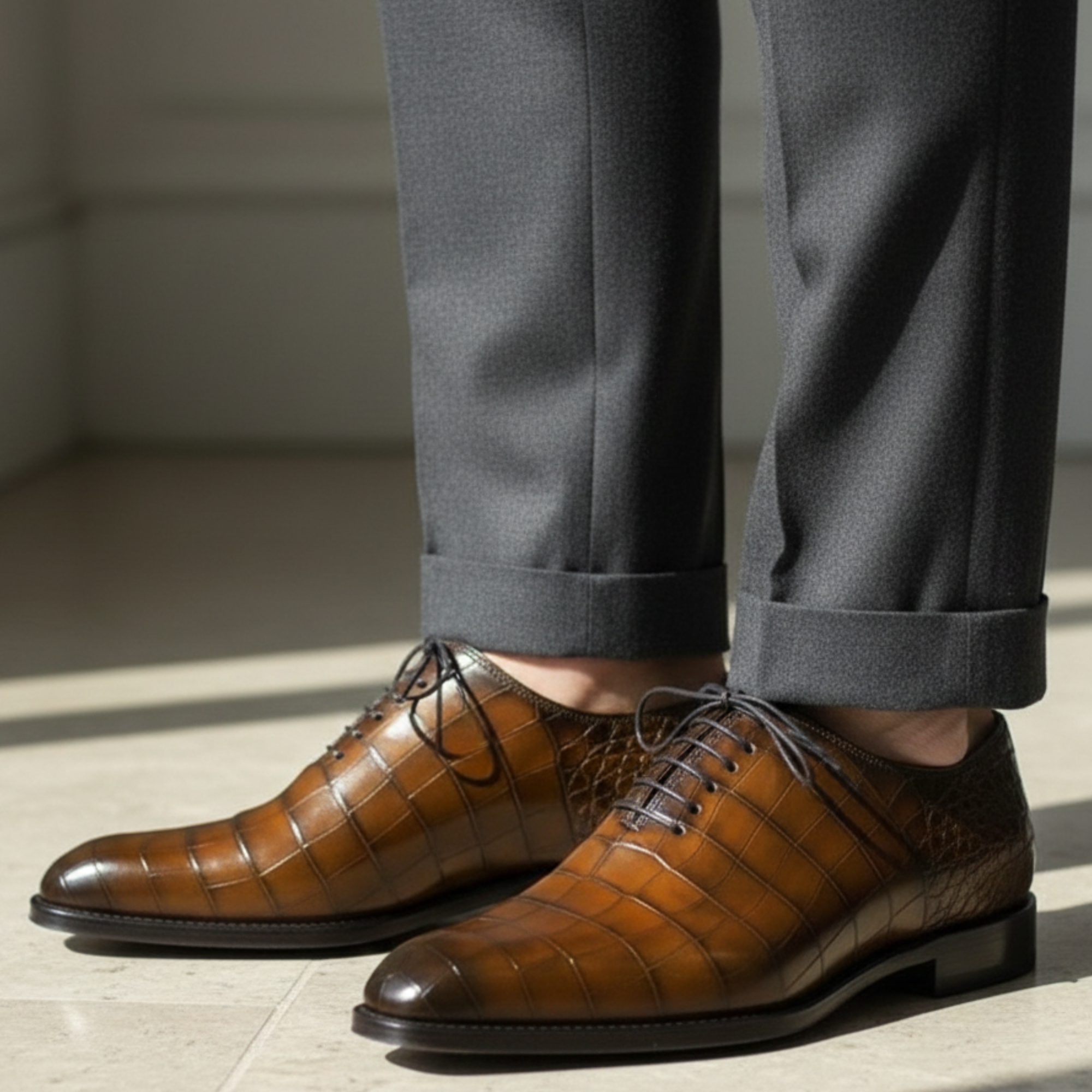 Men's Brown Alligator Leather Formal Lace Up Shoes