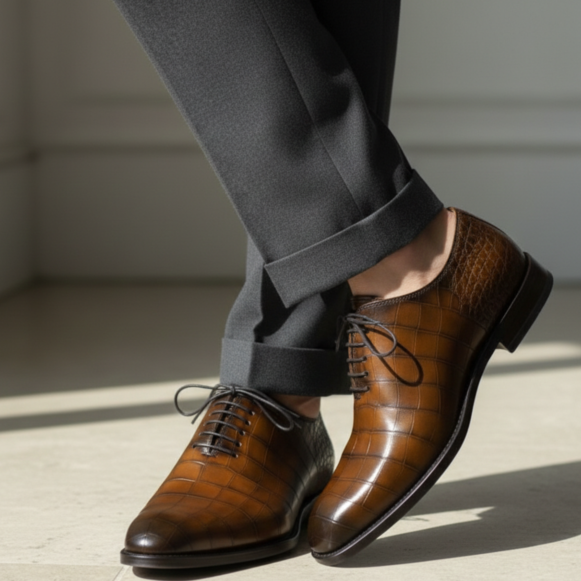 Men's Brown Alligator Leather Formal Lace Up Shoes